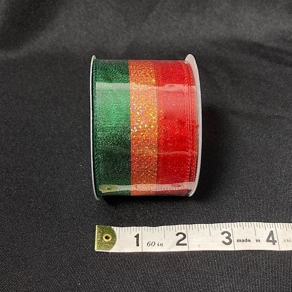 ⭐️ Color-Block Striped Glittery Christmas Gift Ribbon 2” x 108”